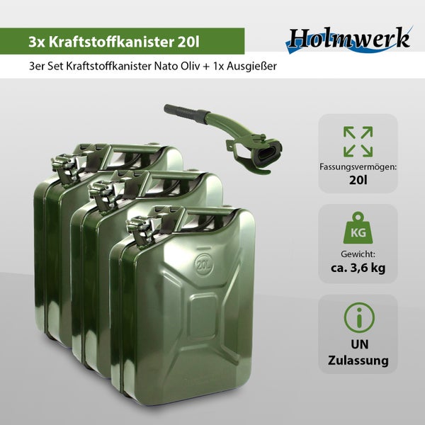 3x Kraftstoffkanister Dieselkanister 20 Liter Metallkanister Olivgrün mit Ausgießer