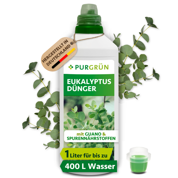 Flasche Purgrün Eukalyptus Dünger mit Guano und Spurennährstoffen, hergestellt in Deutschland, reicht für bis zu 400 Liter Gießwasser.