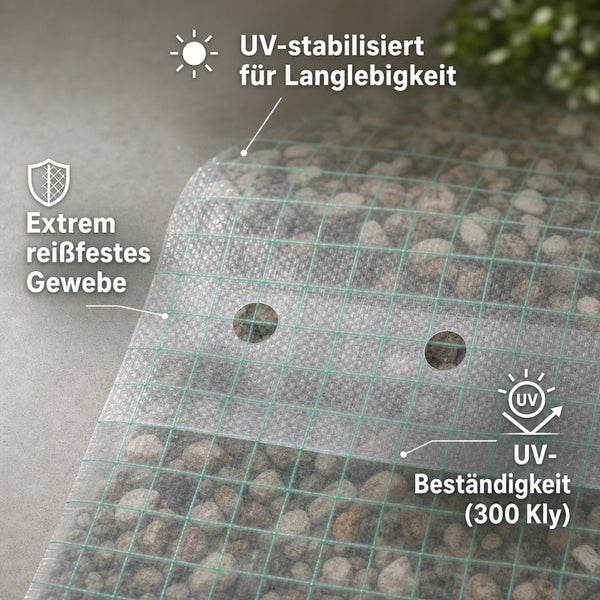 Transparente Gewebeplane mit Gitterstruktur und Ösen, UV-stabilisiert, reißfest und langlebig für den Außeneinsatz über Kieselsteinen.