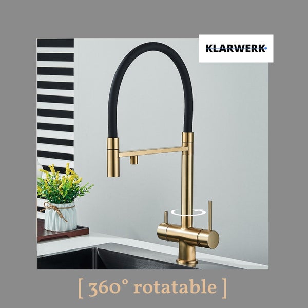 Lana | 3 Wege Gold Schwarz ausziehbare Armatur | Edelstahl Trinkwasser Osmose Wasserhahn Küche |Mischbatterie - 360 Grad drehbar | Filter 3 Anschlüsse