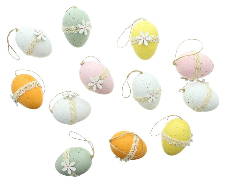 FRANK FLECHTWAREN | Deko-Ei Blüte, 12er Set, KUNSTSTOFF, HOLZ, TEXTIL, JUTE, 5 x 5 x 7 cm