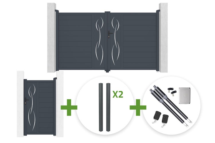 Set aus anthrazitfarbenem Einfahrtstor, Pforte, zwei Pfosten und elektrischem Torantrieb mit Fernbedienungen.