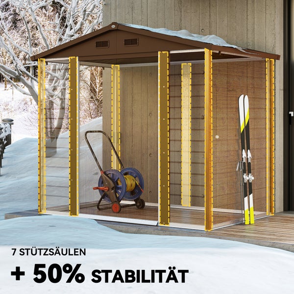 Outsunny Gerätehaus Metall im Holzoptik 3 m² 152 x 235,7 x 208,7 cm Geräteschuppen mit Satteldach Fenster Doppel Schiebetüren wetterfest Gartenhaus Outdoor Garten Schuppen für Hinterhof Braun