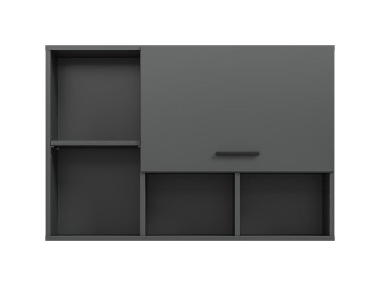Küchen-Oberschrank in Anthrazit mit einer Tür, einem horizontalen Griff und drei offenen Regalfächern.