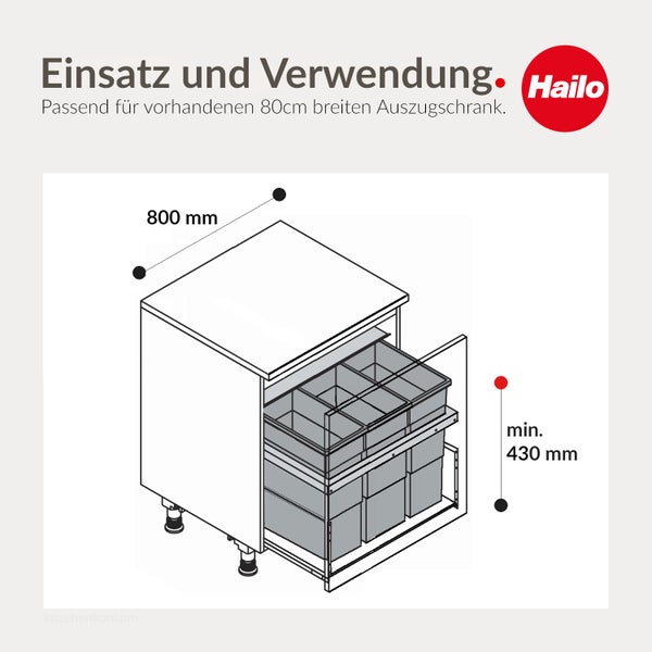 Einbauskizze für Hailo Mülltrennsystem in einem 800 Millimeter breiten Unterschrank mit einer Mindesthöhe von 430 Millimeter. Hailo Logo.