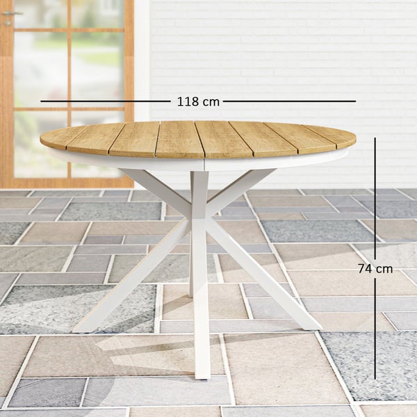 Outsunny Gartentisch Ø118cm, Wetterfest Balkontisch aus Aluminium, Beistelltisch mit Kreuzbeine Lattendesign Esstisch Outdoor, Campingtisch, rund Terrassentisch für Garten Balkon Teak