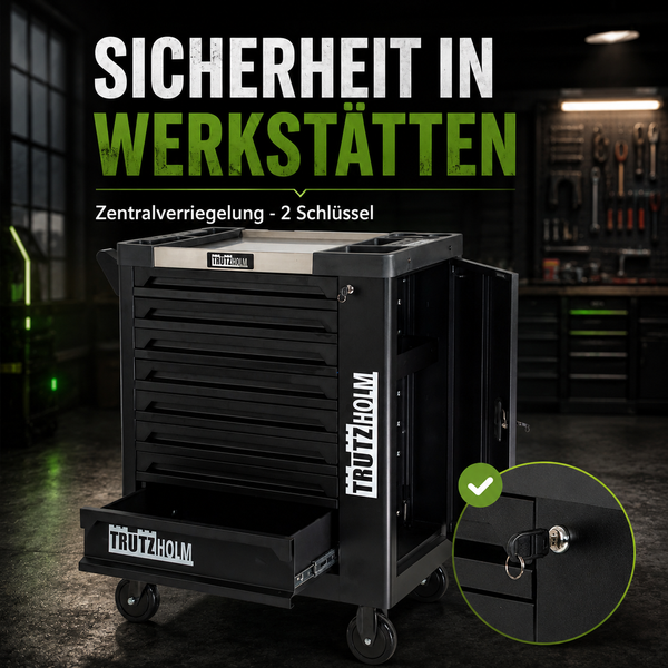 Trutzholm Werkstattwagen mit Schubladen, Seitenfach und Zentralverriegelung mit zwei Schlüsseln in einer Werkstatt.