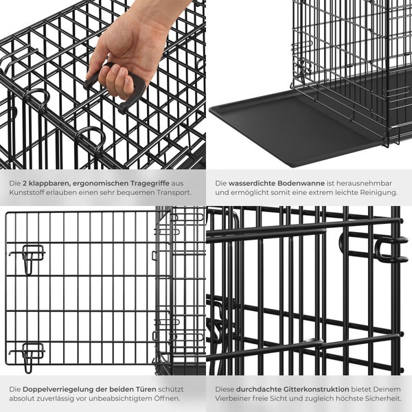 Detailansichten einer Hundetransportbox aus schwarzem Metall mit Tragegriff, herausnehmbarer Bodenwanne, Doppelverriegelung und Gitterkonstruktion.