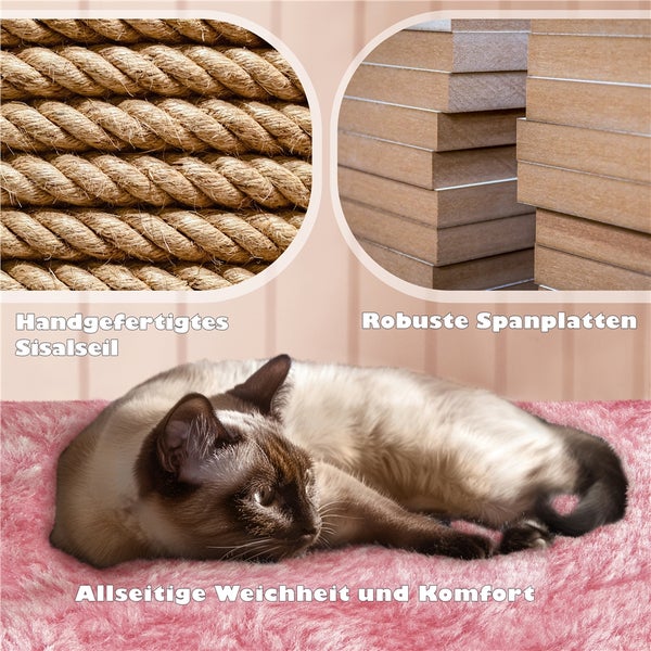 Nahaufnahme von Sisalseil, Spanplatten und einer Katze für Kratzbaumdetails