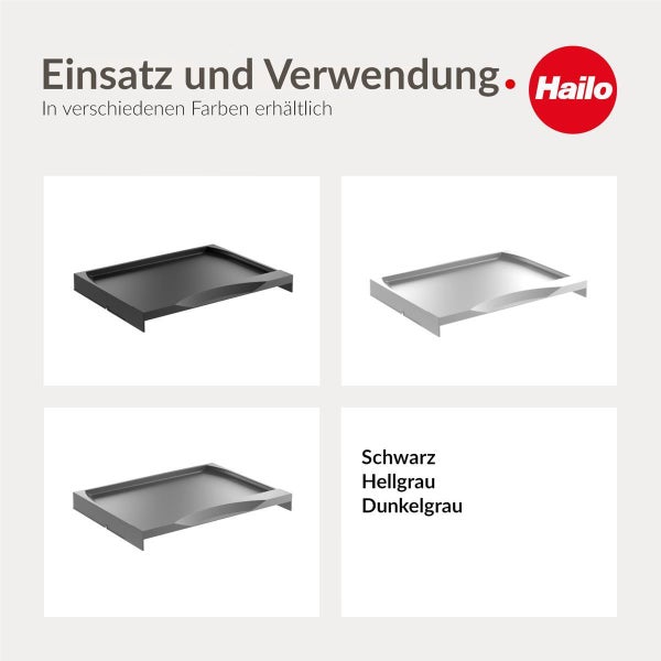 Hailo Logo. Hailo Organisationsschalen für Schubladen in Schwarz, Hellgrau und Dunkelgrau.