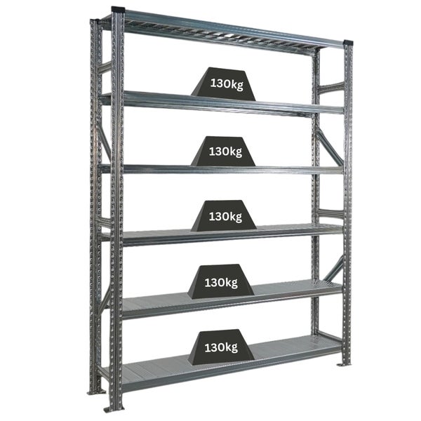 Metallregal mit fünf Ebenen und einer Belastbarkeit von 130 Kilogramm pro Ebene