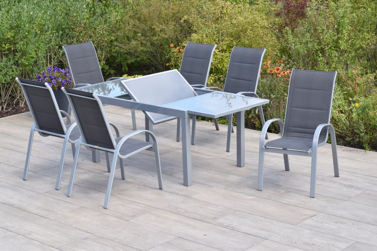 Amalfi di Lusso Set 7tlg., 6 Stapelsessel, Ausziehtisch 160 (220) x 90 cm, silber/anthrazit