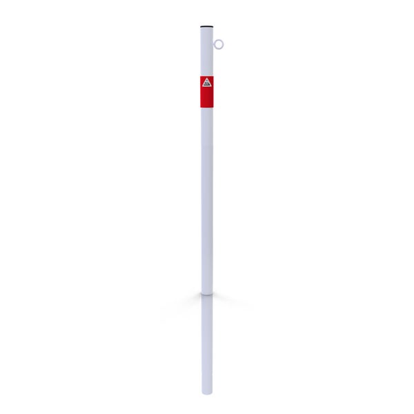 Schake Absperrpfosten aus Stahlrohr verzinkt Ø42x2,5mm weiß mit rot reflektierenden Leuchtstreifen und Kunststoffkappe 900mm Überflur zum Einbetonieren mit 1 Öse
