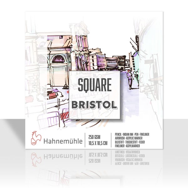Hahnemühle Square Bristol Zeichenblock, 250 Gramm pro Quadratmeter, 10,5 mal 10,5 Zentimeter, Hahnemühle Logo, für Bleistift, Tusche und Marker.
