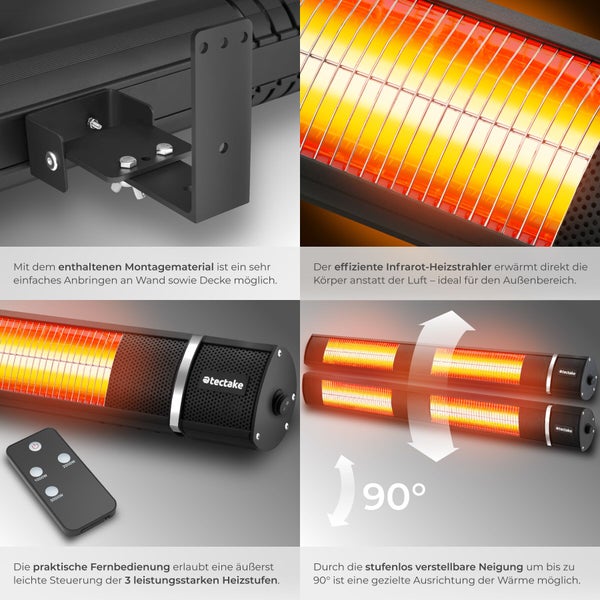 Infrarot Heizstrahler mit Montagematerial, Fernbedienung und Neigungsverstellung für Wand- und Deckenmontage.