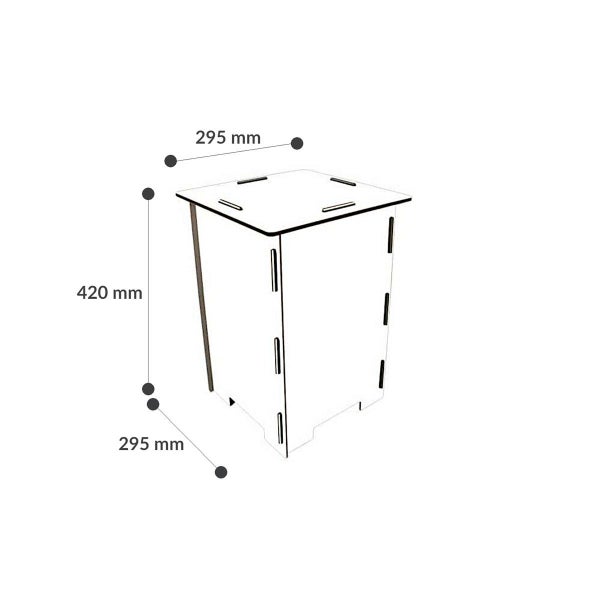Beistelltisch aus Holz mit Steckverbindungen und Maßen von 295 mal 295 mal 420 Millimeter.