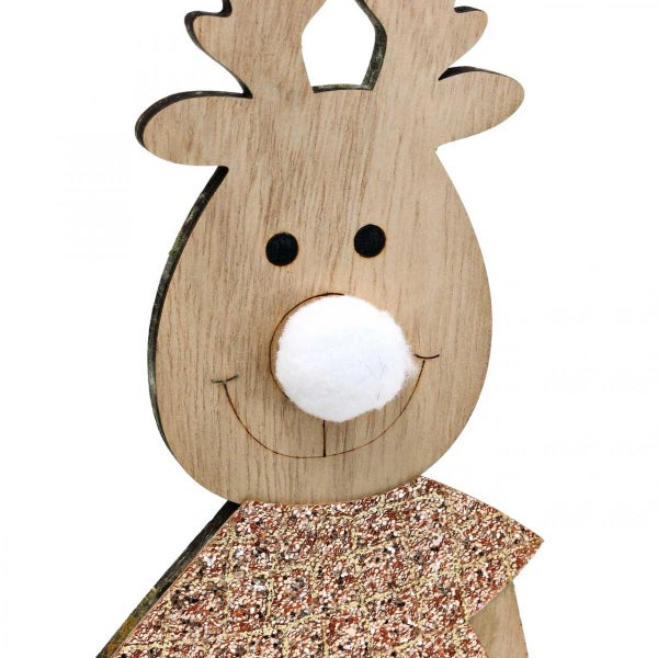 Dekorativer Rentier aus Holz mit Glitzerpullover