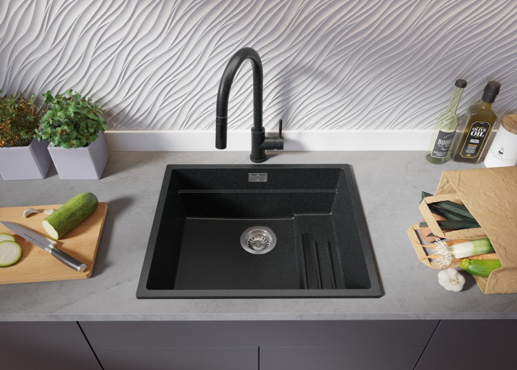 PRIMAGRAN Spülbecken Anthrazit 56x47cm, Granitspüle 1 Becken + Ablauf-Set + Aufrollbare Abtropffläche, Küchenspüle ab 60er Unterschrank - Praga Slim