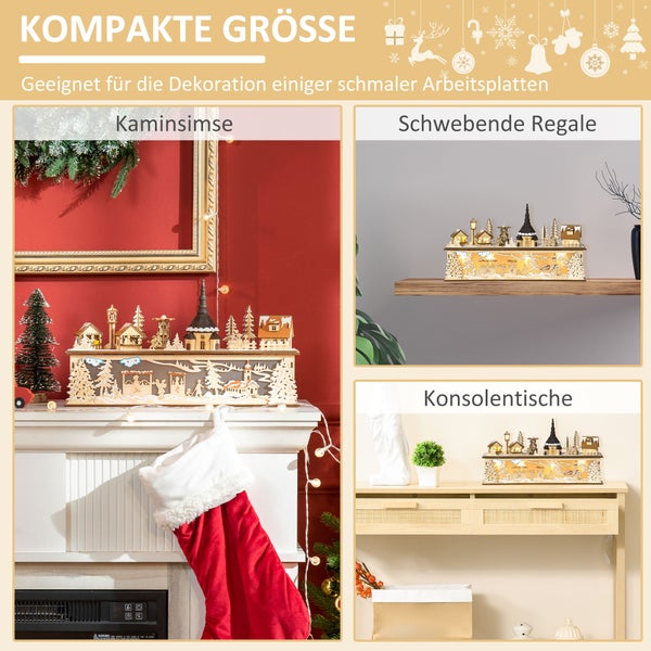 Kompaktes, beleuchtetes Weihnachtsdorf aus Holz als Dekoration auf einem Kaminsims, einem Wandregal und einem Konsolentisch.