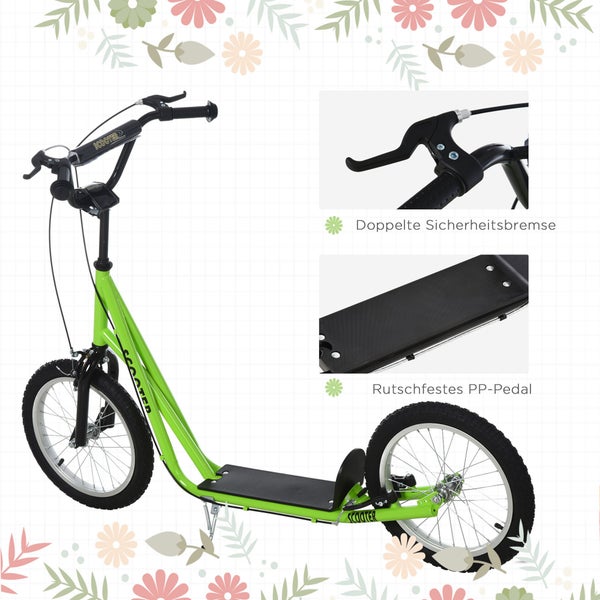 HOMCOM Kinderroller, 139L x 58B x 90-96H cm, Stahl, Aluminium, Gummi, Grün