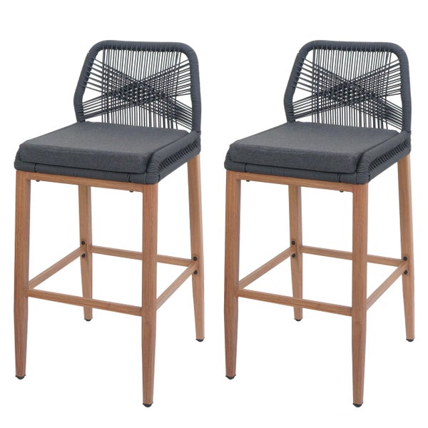 Zwei Barhocker mit Sitzkissen und Rückenlehne aus Seil