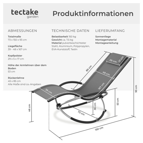 Sonnenliege tectake Paulina 150 x 73 x 93 cm mit Textilene grau