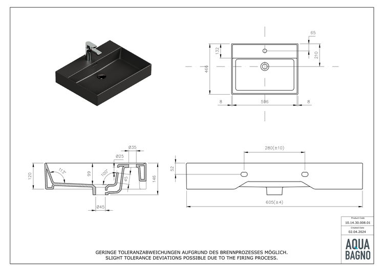 Technische Zeichnung eines Waschtischs mit Armatur und Maßangaben