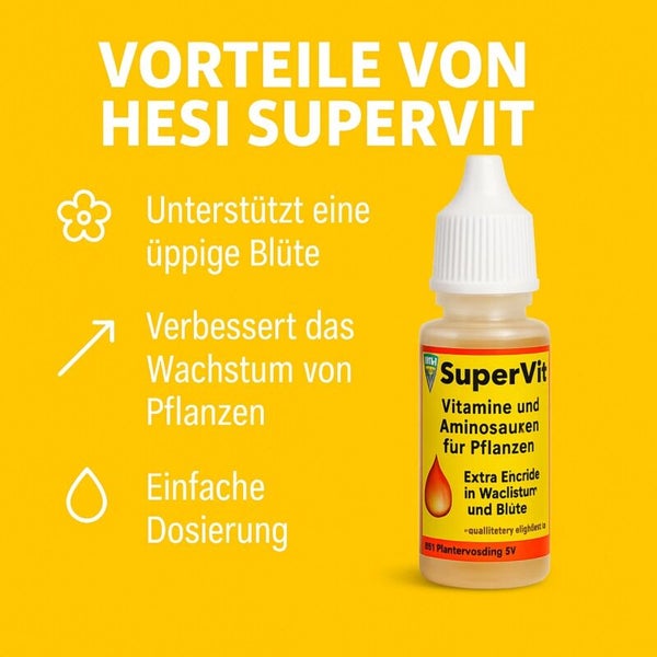 Hesi SuperVit Flasche. Vorteile: unterstützt üppige Blüte, verbessert Pflanzenwachstum und bietet eine einfache Dosierung.