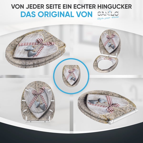 Sanilo WC Sitz in Steinoptik mit Herzmotiv und karierter Schleife aus verschiedenen Perspektiven dargestellt.