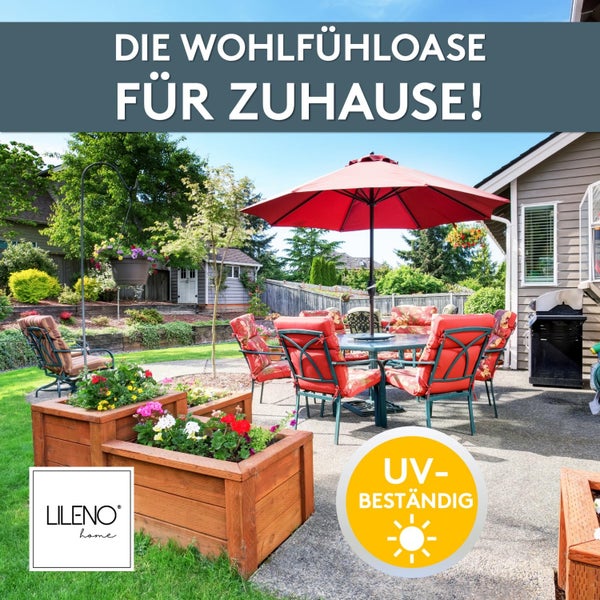 Gartensitzgruppe mit Sonnenschirm und Pflanzkübeln aus Holz auf einer Terrasse, mit Lileno Home Logo und UV-Beständig-Siegel.