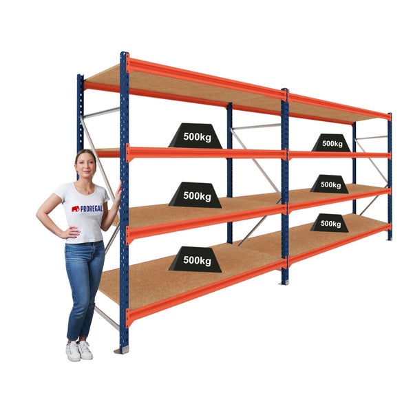 Proregal Weitspannregal mit Holzböden, blau orange, Tragkraft 500 Kilogramm je Fachboden, robustes Lagerregal für hohe Lasten.