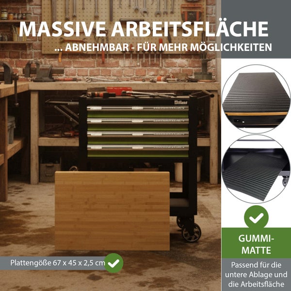 Werkbank mit Schubladen, Arbeitsplatte aus Holz und Gummimatte