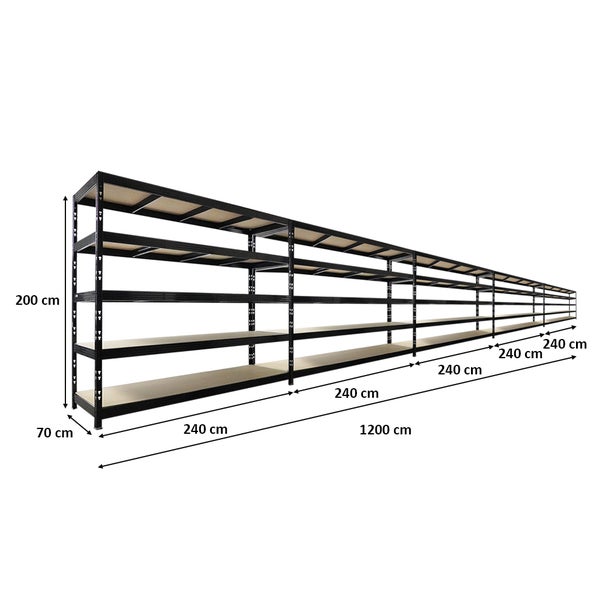 Langes Metallregalsystem mit mehreren Regalebenen und den Maßen 200 x 70 x 1200 cm