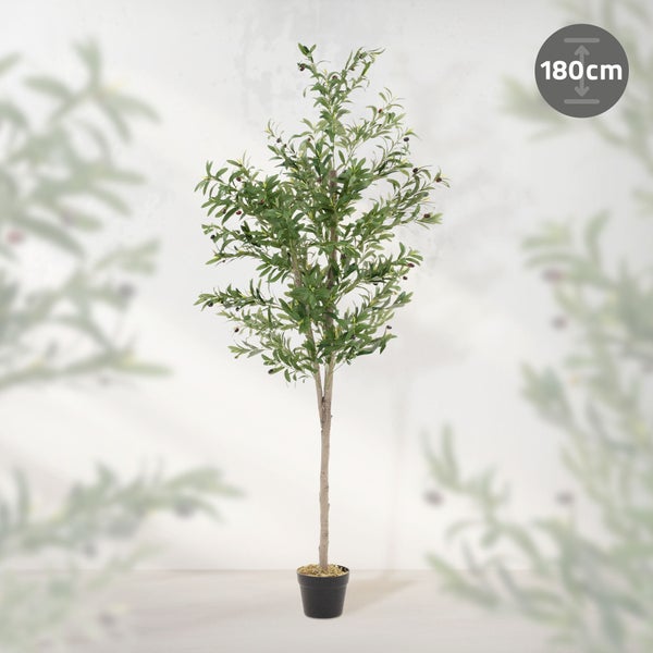 ML-Design Künstlicher Olivenbaum 180 cm, Künstliche Pflanzen groß, Kunstpflanze mit Naturholzstamm und Früchten, Fake Plastikpflanzen im Topf für Indoor Outdoor, Kunstbaum wie echt für Wohnzimmer Büro