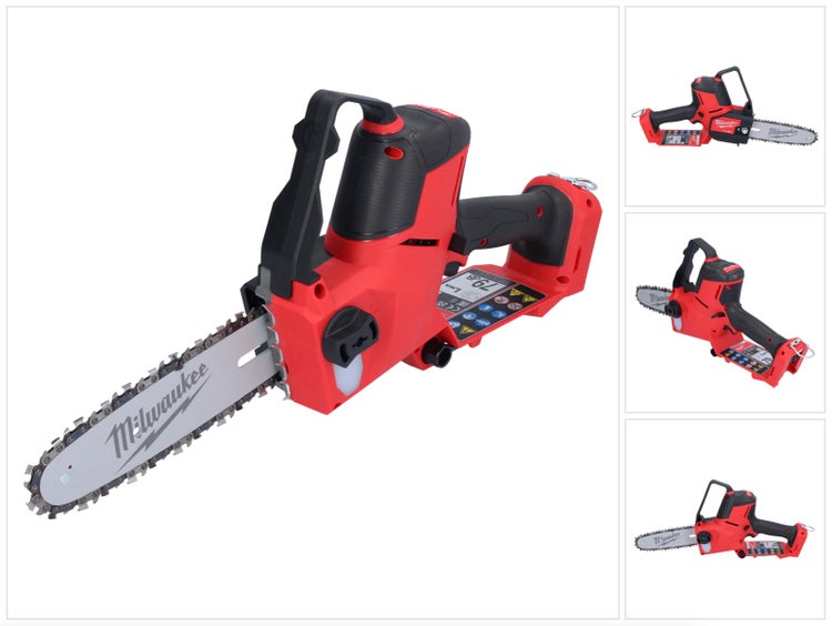 Akku-Astsäge Milwaukee, handgeführte Kettensäge mit kurzem Schwert und ergonomischem Griff.