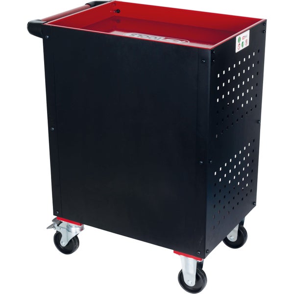 Schwarzer und roter KS Tools Werkstattwagen aus Metall mit vier Lenkrollen, Schiebegriff, Ablagefläche und gelochten Seitenwänden.
