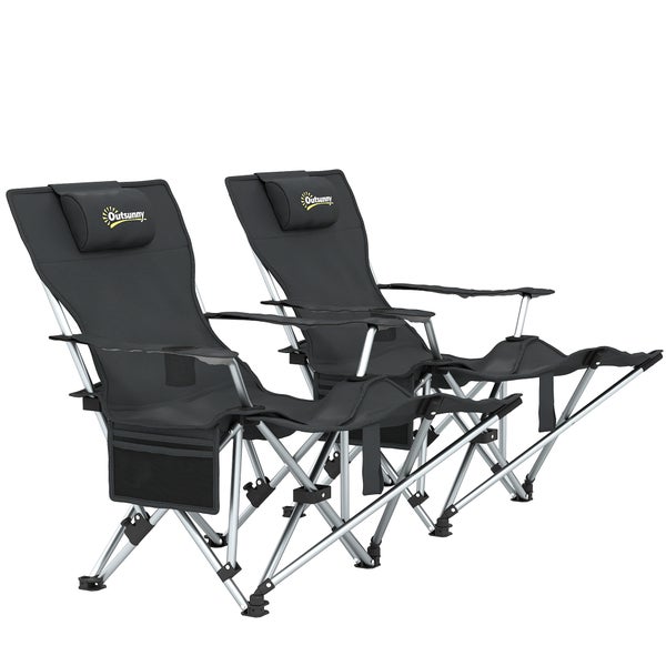 Outsunny 2er Set Campingstuhl faltbar Angelstuhl mit abnehmbar Fußstütze Kopfstütze Getränkehalter Gartenstuhl belastbar 120 kg Liegestuhl für Erwachsene Klappstuhl Campingstühle Strandstuhl