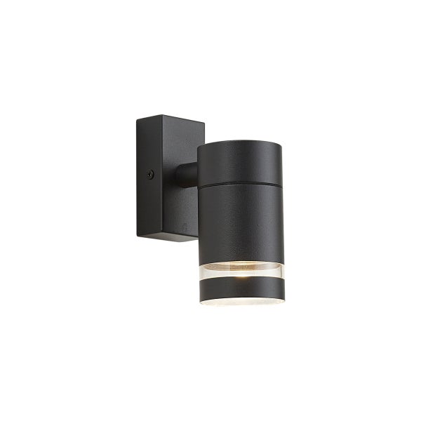 Zylindrische, schwarze Außenwandleuchte aus Metall mit transparentem Lichtring für gezieltes Downlight.