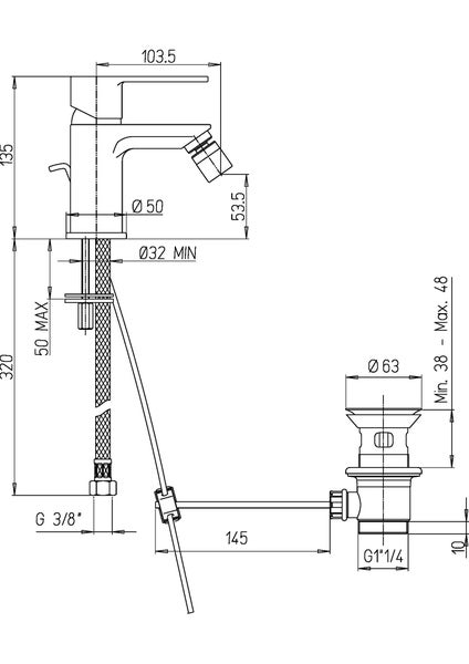 Technische Zeichnung eines Wasserhahns mit Abmessungen