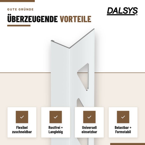 Dalsys Winkelleiste mit Vorteilsgrafik, flexibel zuschneidbar, rostfrei, langlebig, universell einsetzbar, belastbar und formstabil.