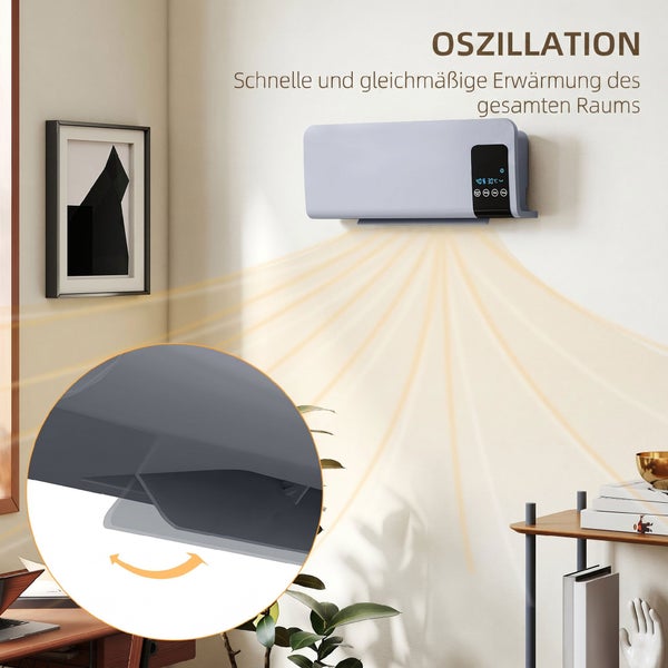 Wandheizkörper mit digitalem Bedienfeld installiert in einem modern eingerichteten Wohnzimmer mit Sofa und Holztisch.