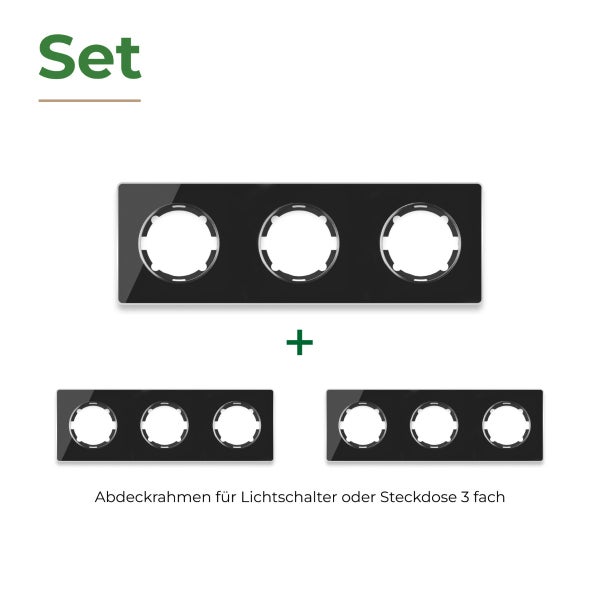 Set aus drei dreifachen Abdeckrahmen für Lichtschalter oder Steckdosen in modernem Design.