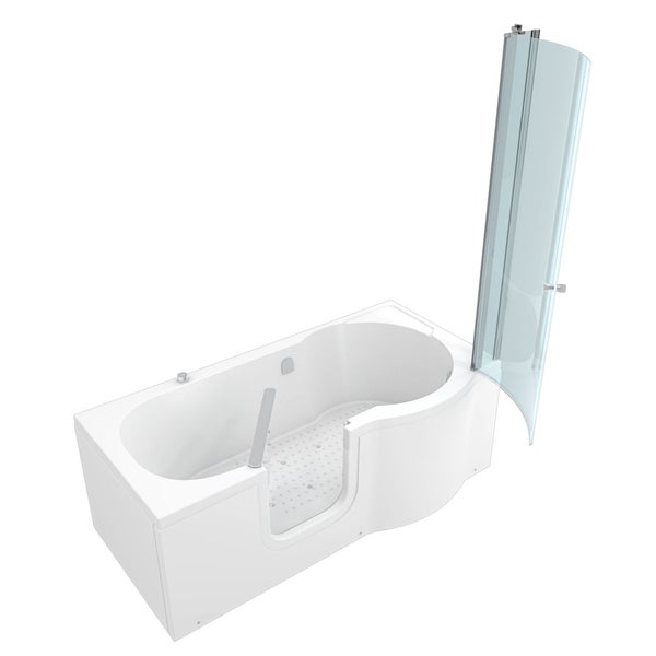 Sitzbadewanne mit Tür und integriertem Sitz in einem hellen Badezimmer mit beigen Wandfliesen und weißem Marmorboden.