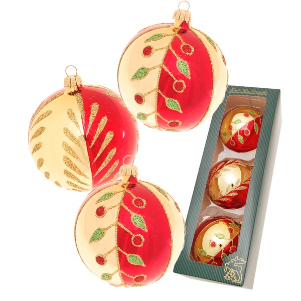 Xmas Night Blätter & Beeren, 3er Set, gold glanz/rot glanz, 8cm, 3 Stck., Weihnachtsbaumkugeln, Christbaumschmuck, Weihnachtsbaumanhänger