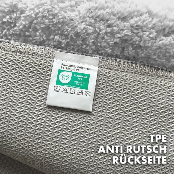 Rückseite einer Badematte mit Anti-Rutsch Beschichtung und Öko-Tex Standard 100 Siegel