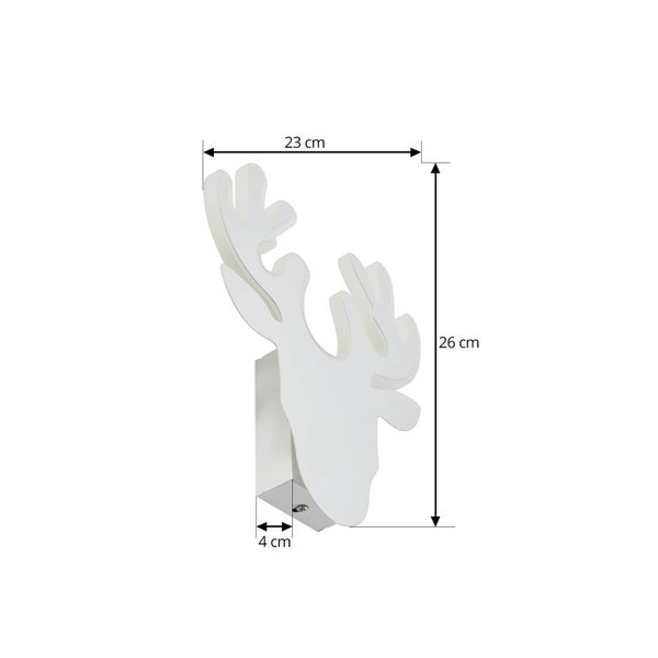 Weiße Wandleuchte in Form eines Rentierkopfs mit Geweih, Maße 23 Zentimeter Breite, 26 Zentimeter Höhe und 4 Zentimeter Tiefe.