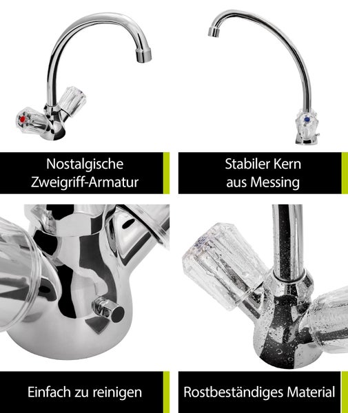 aquaSu® Zweigriffmischer Standard Plus für Küchenspüle | Schwenkbarer HU-Auslauf | Höhe 26 cm | Auslaufhöhe 21,3 | Chrom | Wasserhahn Küche mit Befestigungsmaterial | Spüle | 062893