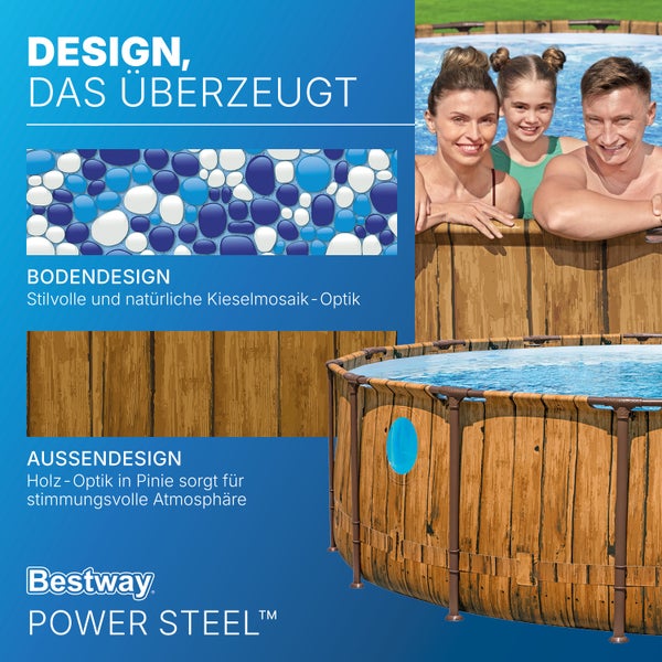 Bestway Power Steel Aufstellpool mit Außenwand in Pinienholz-Optik und Boden in Kieselmosaik-Optik. Eine Familie im Pool.