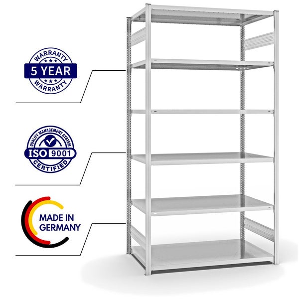 PROREGAL Fachbodenregal Stecksystem T-Profil Light-Duty Grundregal HxBxT 250 x 130 x 80 cm 6 Ebenen Fachlast 190 kg Beidseitig Nutzbar Lichtgrau