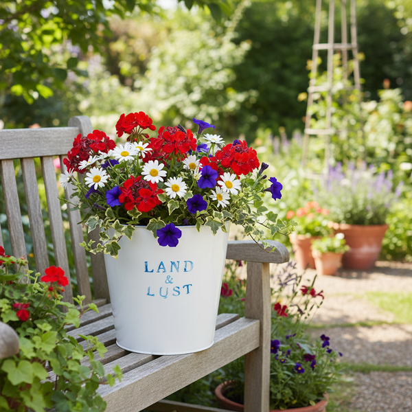 Weißer Pflanzeimer mit Aufdruck Land und Lust auf einer Gartenbank aus Holz, bepflanzt mit bunten Blumen wie Geranien und Margeriten.